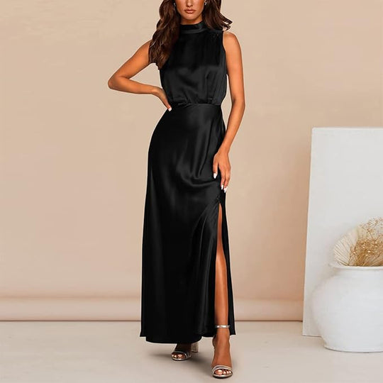 Zijden Midi Zomerjurk Dames met Halternek en Zijsplit - Elegant en Tijdloos Design - ZovaFashion - Midi Jurk