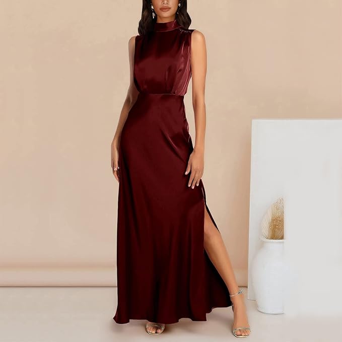 Zijden Midi Zomerjurk Dames met Halternek en Zijsplit - Elegant en Tijdloos Design - ZovaFashion - Midi Jurk