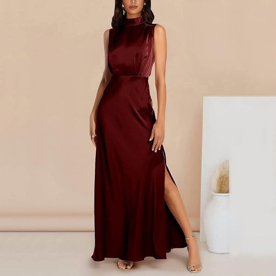 Zijden Midi Zomerjurk Dames met Halternek en Zijsplit - Elegant en Tijdloos Design - ZovaFashion - Midi Jurk