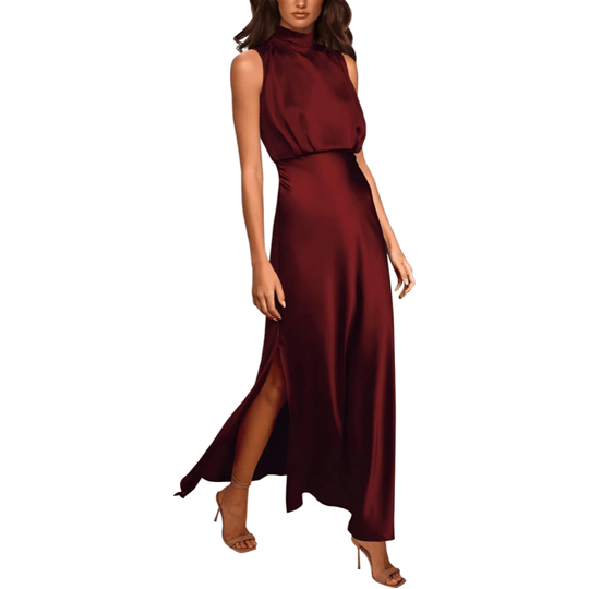 Zijden Midi Zomerjurk Dames met Halternek en Zijsplit - Elegant en Tijdloos Design - ZovaFashion - Midi Jurk