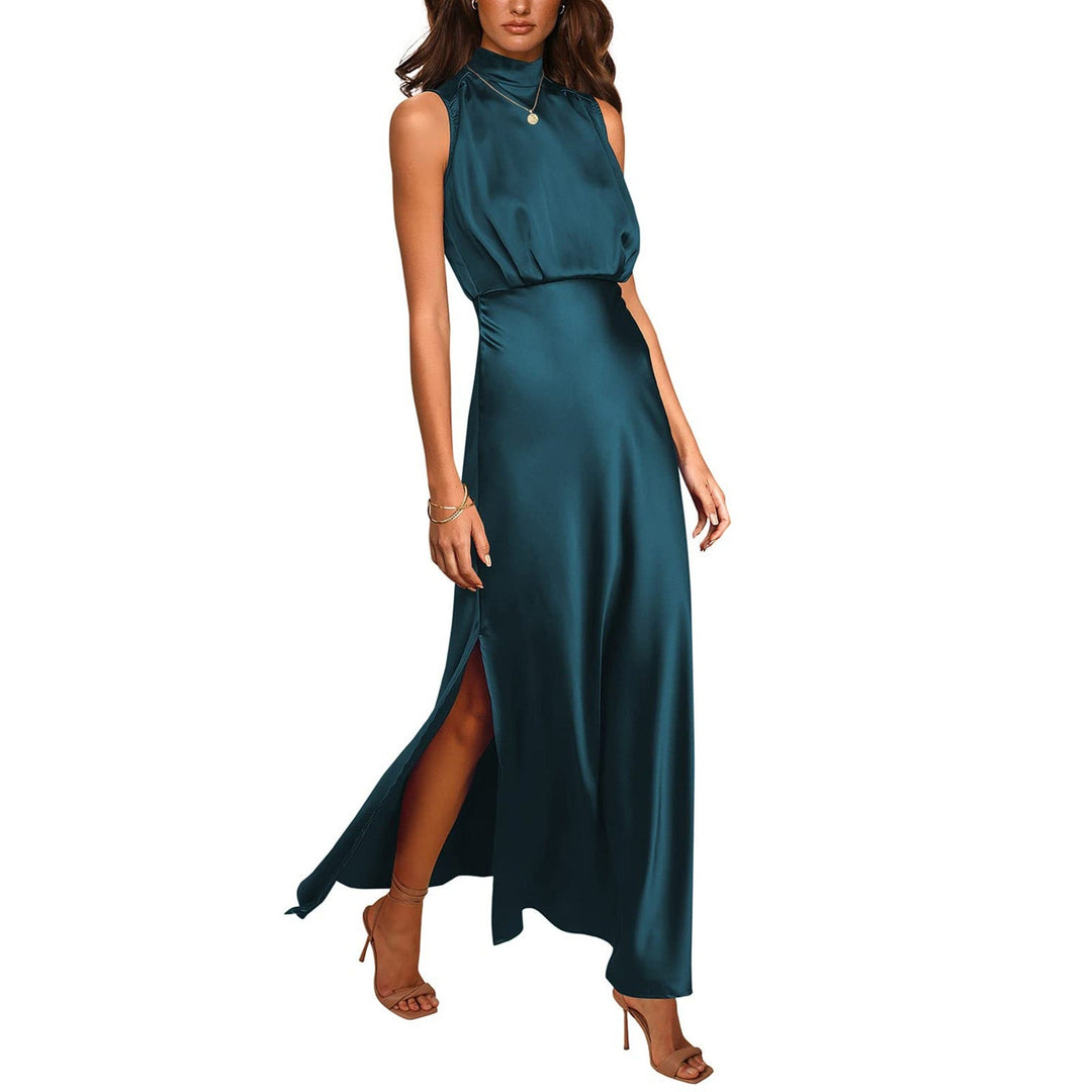 Zijden Midi Zomerjurk Dames met Halternek en Zijsplit - Elegant en Tijdloos Design - ZovaFashion - Midi Jurk