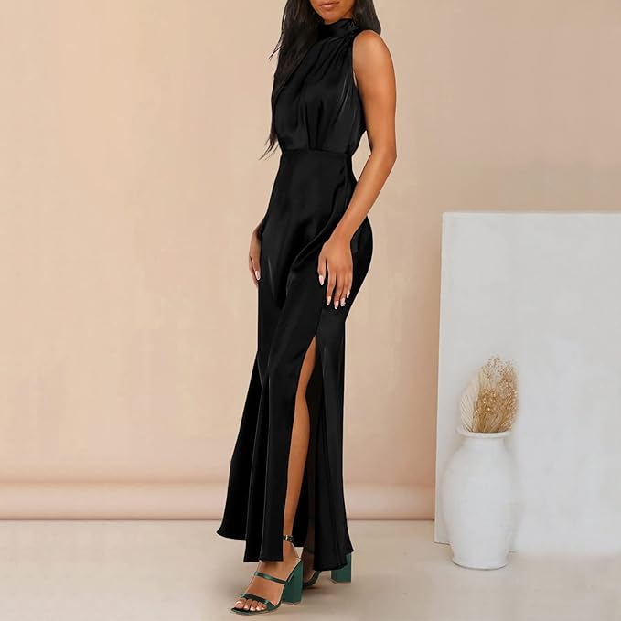 Zijden Midi Zomerjurk Dames met Halternek en Zijsplit - Elegant en Tijdloos Design - ZovaFashion - Midi Jurk