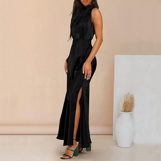 Zijden Midi Zomerjurk Dames met Halternek en Zijsplit - Elegant en Tijdloos Design - ZovaFashion - Midi Jurk