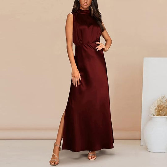 Zijden Midi Zomerjurk Dames met Halternek en Zijsplit - Elegant en Tijdloos Design - ZovaFashion - Midi Jurk