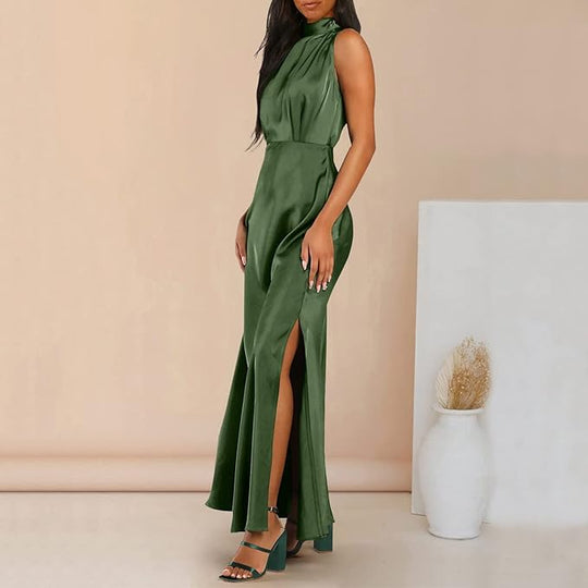 Zijden Midi Zomerjurk Dames met Halternek en Zijsplit - Elegant en Tijdloos Design - ZovaFashion - Midi Jurk