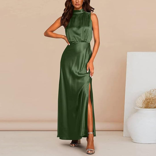 Zijden Midi Zomerjurk Dames met Halternek en Zijsplit - Elegant en Tijdloos Design - ZovaFashion - Midi Jurk