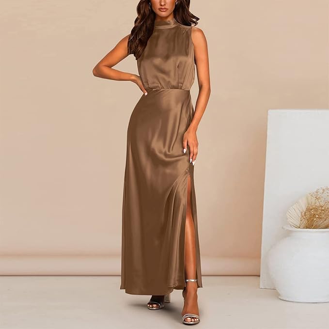 Zijden Midi Zomerjurk Dames met Halternek en Zijsplit - Elegant en Tijdloos Design - ZovaFashion - Midi Jurk