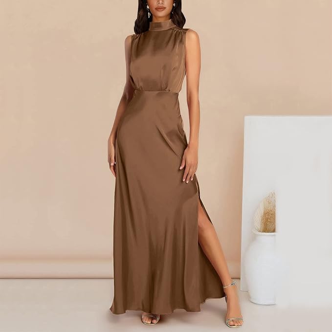 Zijden Midi Zomerjurk Dames met Halternek en Zijsplit - Elegant en Tijdloos Design - ZovaFashion - Midi Jurk