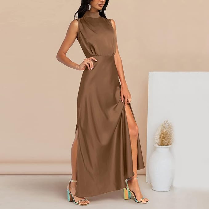 Zijden Midi Zomerjurk Dames met Halternek en Zijsplit - Elegant en Tijdloos Design - ZovaFashion - Midi Jurk
