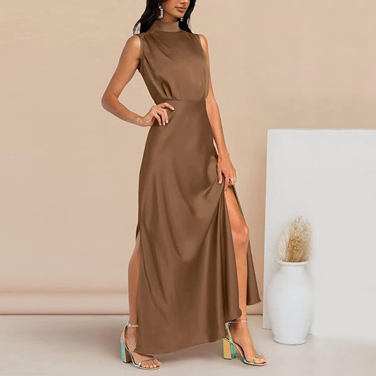 Zijden Midi Zomerjurk Dames met Halternek en Zijsplit - Elegant en Tijdloos Design - ZovaFashion - Midi Jurk