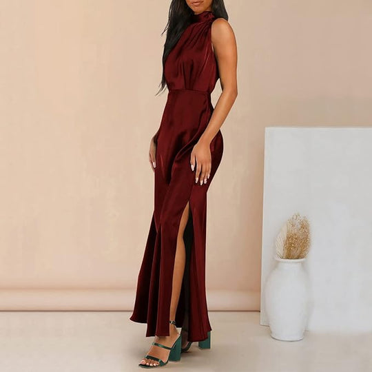 Zijden Midi Zomerjurk Dames met Halternek en Zijsplit - Elegant en Tijdloos Design - ZovaFashion - Midi Jurk