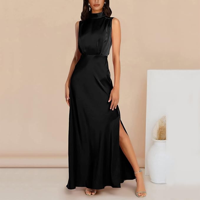 Zijden Midi Zomerjurk Dames met Halternek en Zijsplit - Elegant en Tijdloos Design - ZovaFashion - Midi Jurk