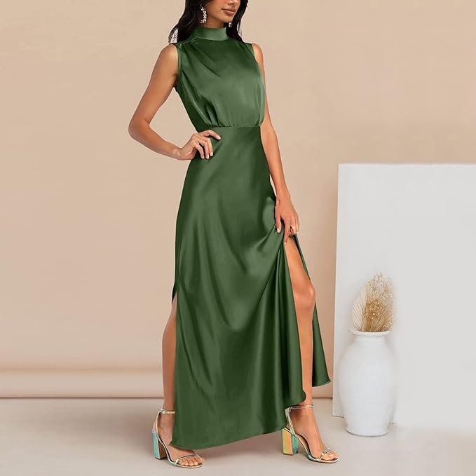 Zijden Midi Zomerjurk Dames met Halternek en Zijsplit - Elegant en Tijdloos Design - ZovaFashion - Midi Jurk