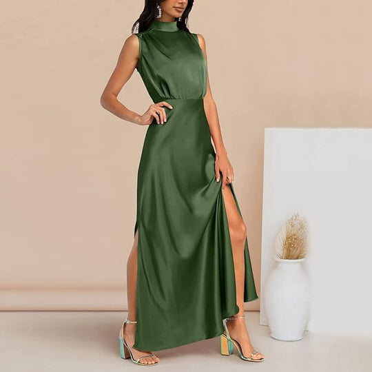 Zijden Midi Zomerjurk Dames met Halternek en Zijsplit - Elegant en Tijdloos Design - ZovaFashion - Midi Jurk