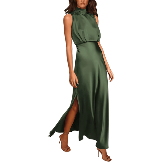 Zijden Midi Zomerjurk Dames met Halternek en Zijsplit - Elegant en Tijdloos Design - ZovaFashion - Midi Jurk