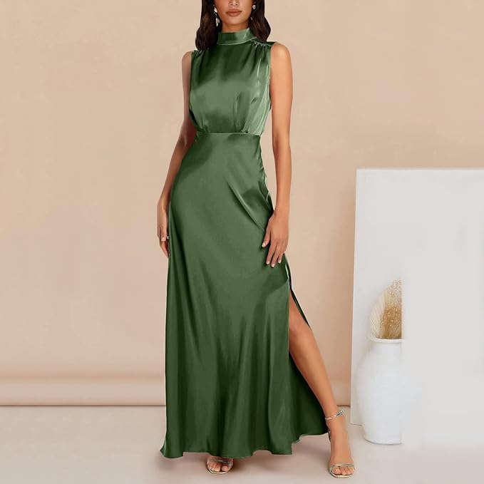 Zijden Midi Zomerjurk Dames met Halternek en Zijsplit - Elegant en Tijdloos Design - ZovaFashion - Midi Jurk
