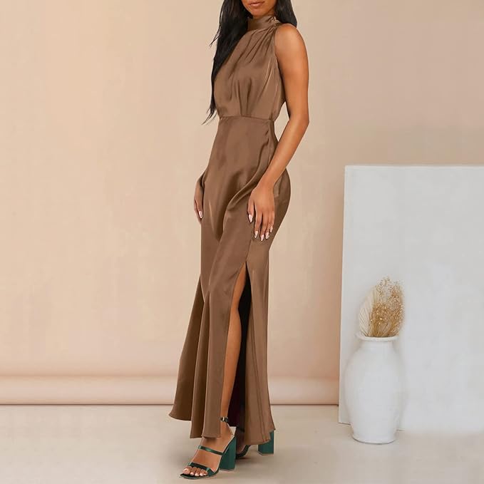 Zijden Midi Zomerjurk Dames met Halternek en Zijsplit - Elegant en Tijdloos Design - ZovaFashion - Midi Jurk