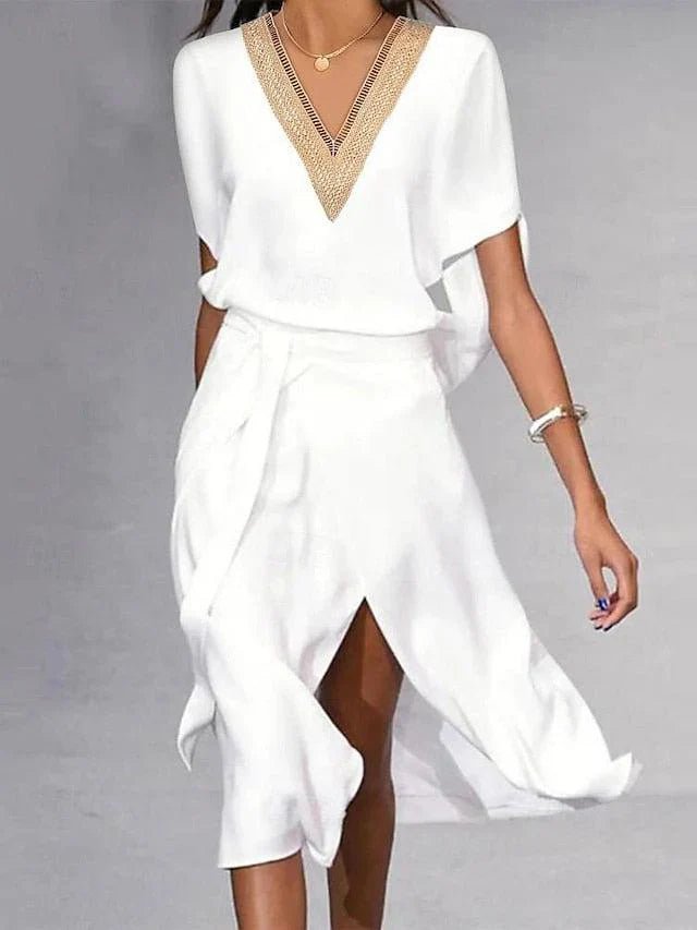 Zomerjurk Dames: Witte Midi Jurk met V - Hals en Relaxed Fit - Zova - Fashion