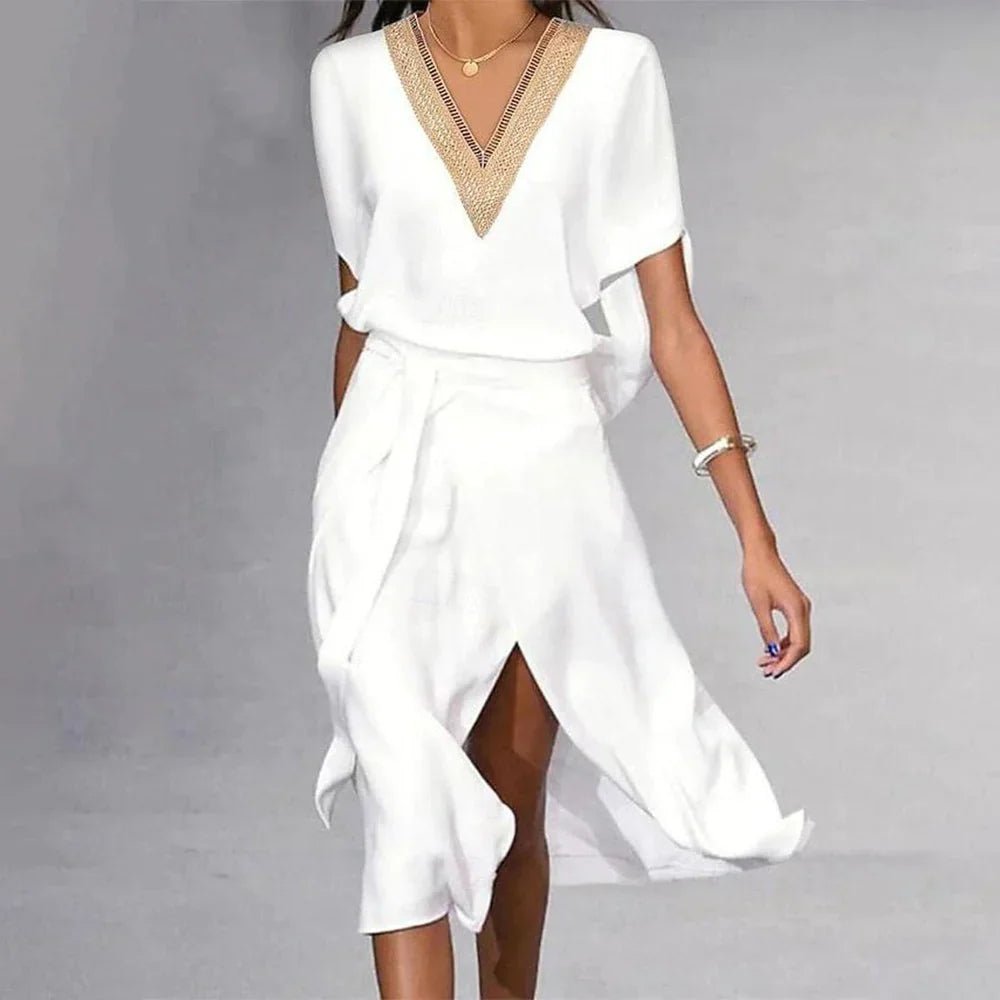 Zomerjurk Dames: Witte Midi Jurk met V - Hals en Relaxed Fit - Zova - Fashion