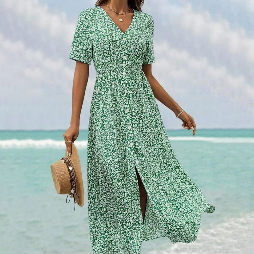 Zomerse Maxi Zomerjurk Dames van Katoen met V - hals en Korte Mouwen - ZovaFashion - Maxi Jurk