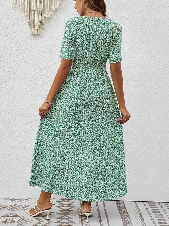Zomerse Maxi Zomerjurk Dames van Katoen met V - hals en Korte Mouwen - ZovaFashion - Maxi Jurk
