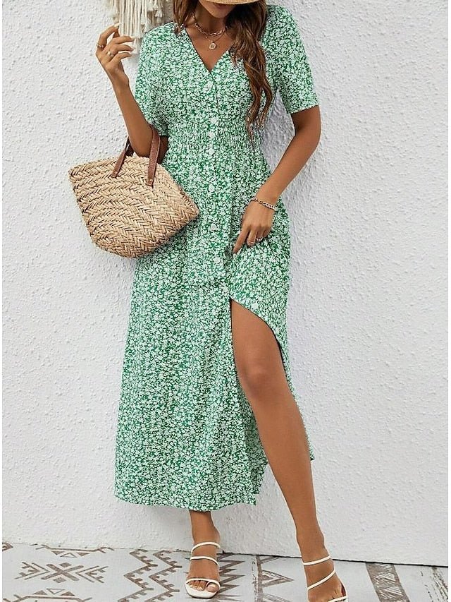 Zomerse Maxi Zomerjurk Dames van Katoen met V - hals en Korte Mouwen - ZovaFashion - Maxi Jurk