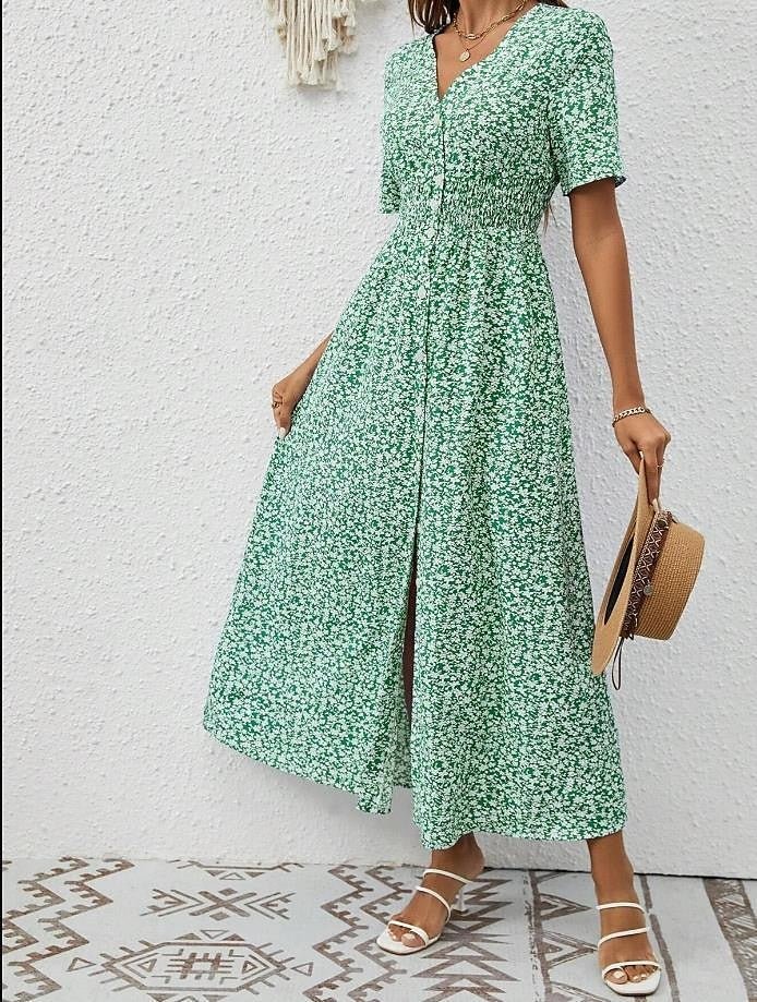 Zomerse Maxi Zomerjurk Dames van Katoen met V - hals en Korte Mouwen - ZovaFashion - Maxi Jurk