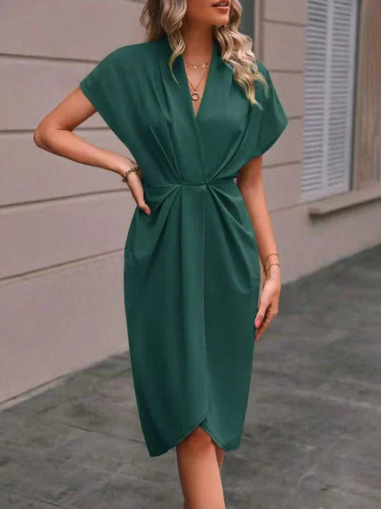 Zwarte Midi Zomerjurk Dames van Katoen met V - Hals en Elastische Tailleband - ZovaFashion - Midi Jurken
